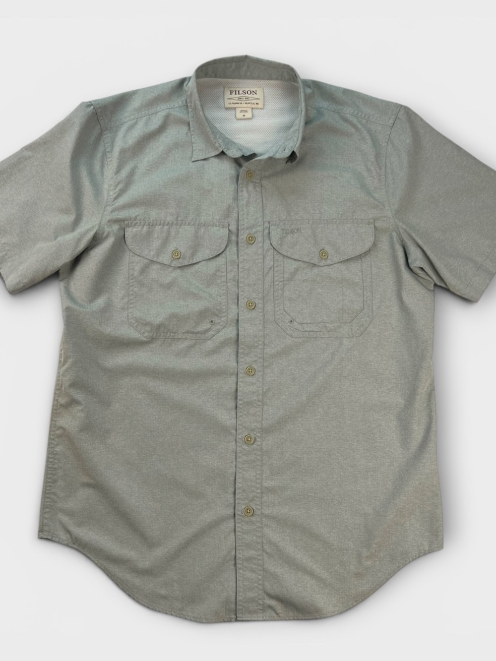 Filson Twin Lake Sport Shirt Men Medium Gray Short Sleeve Fishing Outdoor Hiking